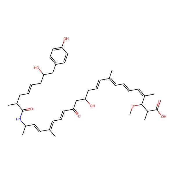 2D Structure of 13-Hydroxy-22-[[7-hydroxy-8-(4-hydroxyphenyl)-2-methyloct-4-enoyl]amino]-3-methoxy-2,4,9,19-tetramethyl-15-oxotricosa-4,6,8,10,16,18,20-heptaenoic acid