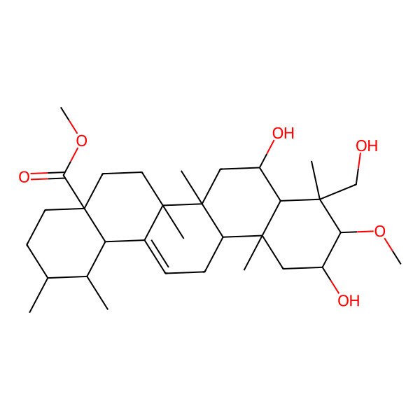 2D Structure of methyl (1S,2R,4aS,6aR,6aS,6bR,8R,8aR,9R,10R,11R,12aR,14bS)-8,11-dihydroxy-9-(hydroxymethyl)-10-methoxy-1,2,6a,6b,9,12a-hexamethyl-2,3,4,5,6,6a,7,8,8a,10,11,12,13,14b-tetradecahydro-1H-picene-4a-carboxylate