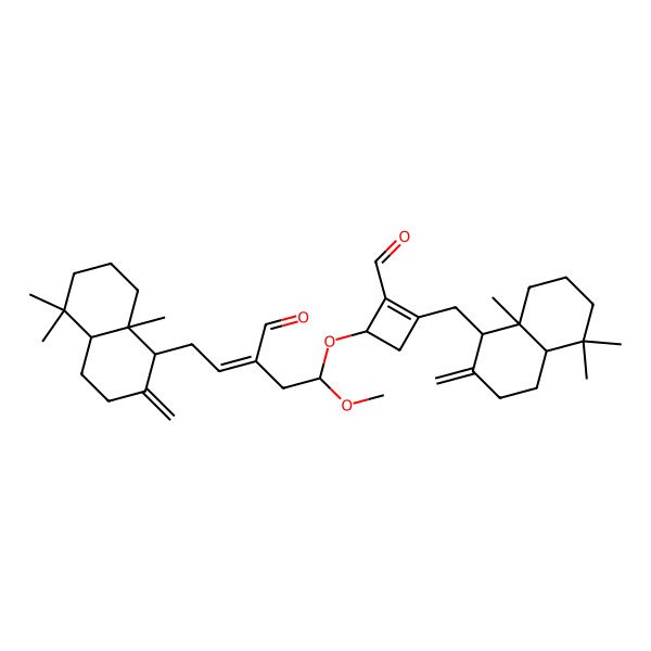 2D Structure of (4S)-4-[(E,1S)-5-[(1S,4aS,8aS)-5,5,8a-trimethyl-2-methylidene-3,4,4a,6,7,8-hexahydro-1H-naphthalen-1-yl]-3-formyl-1-methoxypent-3-enoxy]-2-[[(1R,4aS,8aS)-5,5,8a-trimethyl-2-methylidene-3,4,4a,6,7,8-hexahydro-1H-naphthalen-1-yl]methyl]cyclobutene-1-carbaldehyde