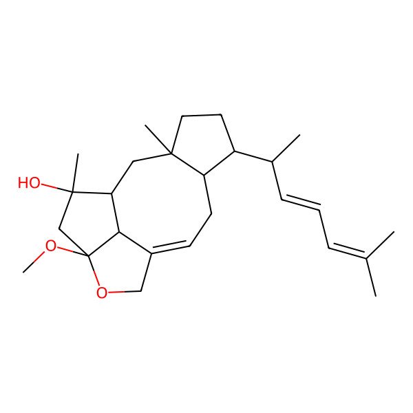 2D Structure of (1S,3R,6R,7S,13R,15R,16R)-13-methoxy-3,15-dimethyl-6-[(2S)-6-methylhepta-3,5-dien-2-yl]-12-oxatetracyclo[8.5.1.03,7.013,16]hexadec-9-en-15-ol