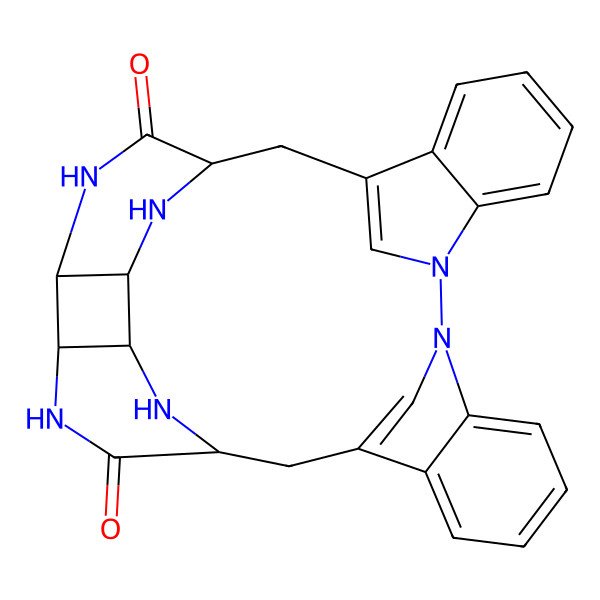 2D Structure of 2,7-((1,1'-Bi(1H-indole)-3,3'-diyl)bismethylene)dodecahydrocyclobutadipyrazine-3,6-dione 2D Structure of 2,7-((1,1'-Bi(1H-indole)-3,3'-diyl)bismethylene)dodecahydrocyclobutadipyrazine-3,6-dione