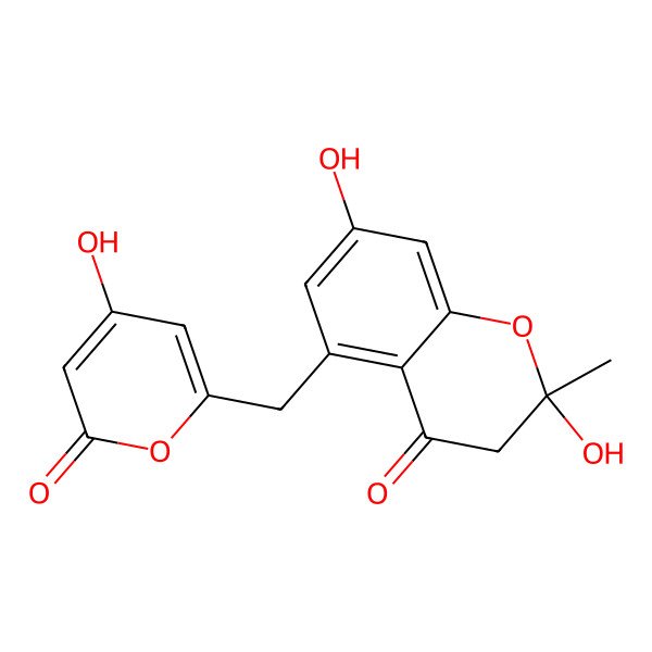 2D Structure of 2,7-dihydroxy-5-[(4-hydroxy-6-oxopyran-2-yl)methyl]-2-methyl-3H-chromen-4-one