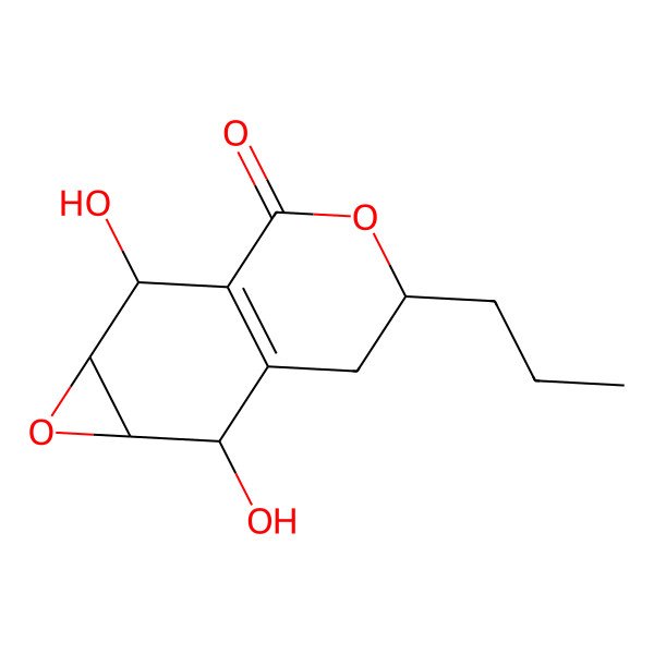 2D Structure of 2,7-Dihydroxy-5-propyl-1a,2,5,6,7,7a-hexahydrooxireno[2,3-g]isochromen-3-one