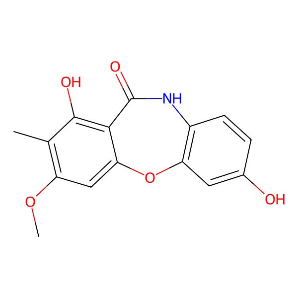 2D Structure of 2,7-dihydroxy-9-methoxy-8-methyl-5H-benzo[b][1,4]benzoxazepin-6-one