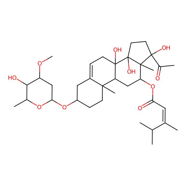 2D Structure of [17-Acetyl-8,14,17-trihydroxy-3-(5-hydroxy-4-methoxy-6-methyloxan-2-yl)oxy-10,13-dimethyl-1,2,3,4,7,9,11,12,15,16-decahydrocyclopenta[a]phenanthren-12-yl] 3,4-dimethylpent-2-enoate