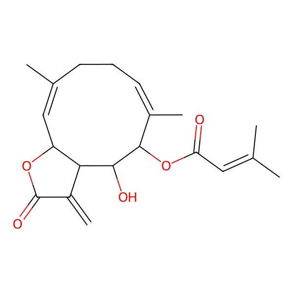 2D Structure of (4-Hydroxy-6,10-dimethyl-3-methylidene-2-oxo-3a,4,5,8,9,11a-hexahydrocyclodeca[b]furan-5-yl) 3-methylbut-2-enoate
