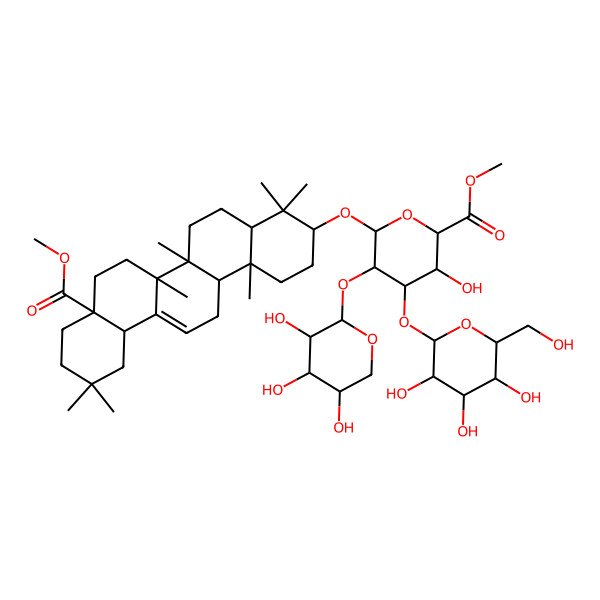 2D Structure of methyl (2S,3S,4S,5R,6R)-6-[[(3S,4aR,6aR,6bS,8aS,12aS,14aR,14bR)-8a-methoxycarbonyl-4,4,6a,6b,11,11,14b-heptamethyl-1,2,3,4a,5,6,7,8,9,10,12,12a,14,14a-tetradecahydropicen-3-yl]oxy]-3-hydroxy-4-[(2S,3R,4S,5R,6R)-3,4,5-trihydroxy-6-(hydroxymethyl)oxan-2-yl]oxy-5-[(2S,3R,4S,5R)-3,4,5-trihydroxyoxan-2-yl]oxyoxane-2-carboxylate