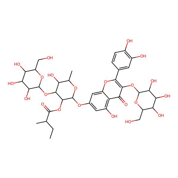 2D Structure of [(2S,3R,4R,5S,6S)-2-[2-(3,4-dihydroxyphenyl)-5-hydroxy-4-oxo-3-[(2S,3R,4S,5S,6R)-3,4,5-trihydroxy-6-(hydroxymethyl)oxan-2-yl]oxychromen-7-yl]oxy-5-hydroxy-6-methyl-4-[(2S,3R,4S,5S,6R)-3,4,5-trihydroxy-6-(hydroxymethyl)oxan-2-yl]oxyoxan-3-yl] (2S)-2-methylbutanoate