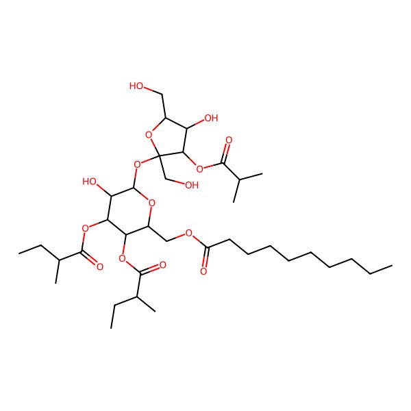 2D Structure of [(2R,3R,4R,5R,6R)-5-hydroxy-6-[(2S,3S,4R,5R)-4-hydroxy-2,5-bis(hydroxymethyl)-3-(2-methylpropanoyloxy)oxolan-2-yl]oxy-3,4-bis[[(2R)-2-methylbutanoyl]oxy]oxan-2-yl]methyl decanoate