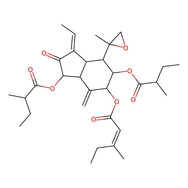2D Structure of [(1Z,3S,3aR,5S,6R,7S,7aR)-1-ethylidene-3,6-bis[[(2S)-2-methylbutanoyl]oxy]-4-methylidene-7-[(2S)-2-methyloxiran-2-yl]-2-oxo-3,3a,5,6,7,7a-hexahydroinden-5-yl] (E)-3-methylpent-2-enoate