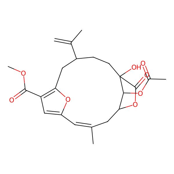 2D Structure of methyl (2E,5R,8S,11S,17R)-17-acetyloxy-8-hydroxy-3-methyl-7-oxo-11-prop-1-en-2-yl-6,16-dioxatricyclo[11.2.1.15,8]heptadeca-1(15),2,13-triene-14-carboxylate