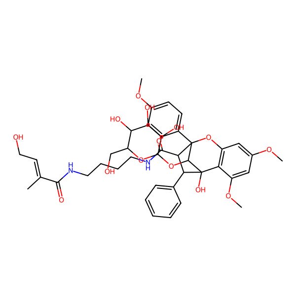 2D Structure of (1R,9R,10R,11S,12R)-1-hydroxy-N-[4-[[(E)-4-hydroxy-2-methylbut-2-enoyl]amino]butyl]-3,5-dimethoxy-9-(4-methoxyphenyl)-11-phenyl-12-[(2S,3R,4S,5S,6R)-3,4,5-trihydroxy-6-(hydroxymethyl)oxan-2-yl]oxy-8-oxatricyclo[7.2.1.02,7]dodeca-2(7),3,5-triene-10-carboxamide