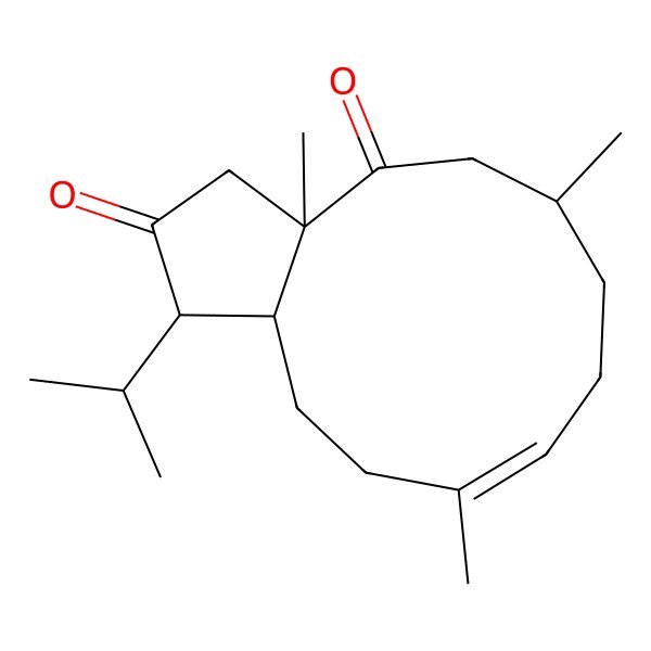 2D Structure of (1S,3aS,6S,9E,12aS)-3a,6,10-trimethyl-1-propan-2-yl-3,5,6,7,8,11,12,12a-octahydro-1H-cyclopenta[11]annulene-2,4-dione
