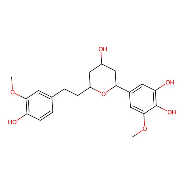 2D Structure of 1,2-Benzenediol, 3-methoxy-5-[tetrahydro-4-hydroxy-6-[2-(4-hydroxy-3-methoxyphenyl)ethyl]-2H-pyran-2-yl]-, (2alpha,4alpha,6alpha)-(-)-