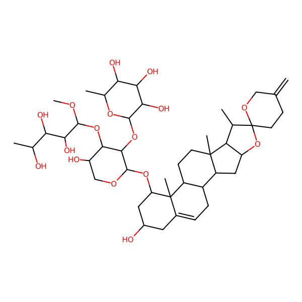 2D Structure of (2S,3R,4R,5R,6S)-2-[(2S,3R,4S,5S)-5-hydroxy-2-[(1S,2S,4S,6R,7S,8R,9S,12S,13R,14R,16R)-16-hydroxy-7,9,13-trimethyl-5'-methylidenespiro[5-oxapentacyclo[10.8.0.02,9.04,8.013,18]icos-18-ene-6,2'-oxane]-14-yl]oxy-4-[(1S,2R,3S,4R)-2,3,4-trihydroxy-1-methoxypentoxy]oxan-3-yl]oxy-6-methyloxane-3,4,5-triol