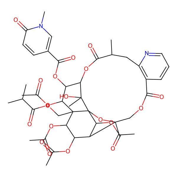 2D Structure of [19,21,22,24-Tetraacetyloxy-25-hydroxy-3,14,25-trimethyl-20-(2-methylpropanoyloxymethyl)-6,15-dioxo-2,5,16-trioxa-11-azapentacyclo[15.7.1.01,20.03,23.07,12]pentacosa-7(12),8,10-trien-18-yl] 1-methyl-6-oxopyridine-3-carboxylate