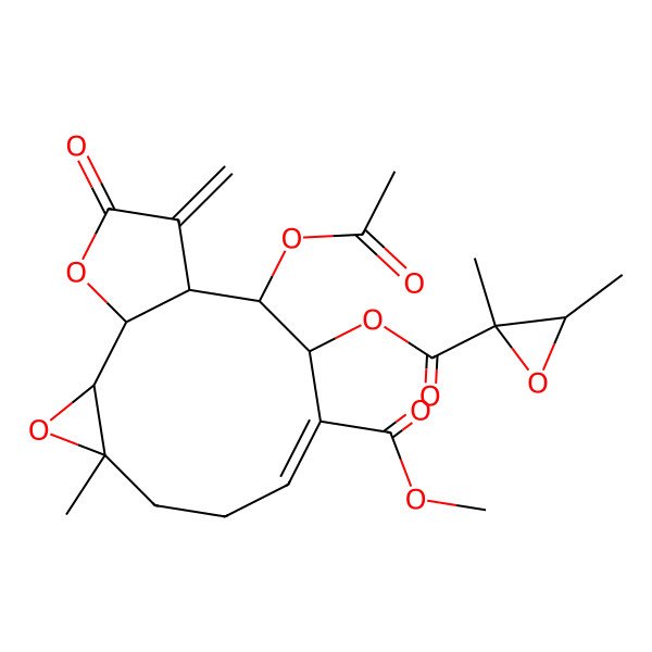 2D Structure of methyl (7E)-10-acetyloxy-9-(2,3-dimethyloxirane-2-carbonyl)oxy-4-methyl-12-methylidene-13-oxo-3,14-dioxatricyclo[9.3.0.02,4]tetradec-7-ene-8-carboxylate