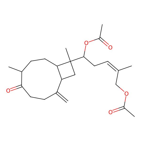2D Structure of [(Z,5S)-5-acetyloxy-5-[(1R,6S,9S,10S)-6,10-dimethyl-2-methylidene-5-oxo-10-bicyclo[7.2.0]undecanyl]-2-methylpent-2-enyl] acetate