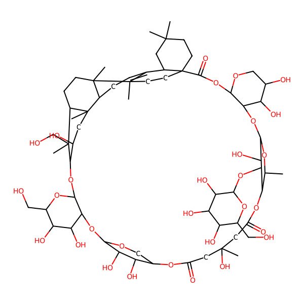 2D Structure of (1S,4S,7S,8S,9R,11S,13S,14S,18R,22S,25S,27R,28S,29S,30R,32R,34R,35S,37R,38R,41R,42R,46S,53S,54R,55R,56R,57S,58R)-7,8,18,28,29,35,55,56,58-nonahydroxy-30,54-bis(hydroxymethyl)-13,18,37,41,48,48,53,54-octamethyl-57-[(2S,3R,4S,5S,6R)-3,4,5-trihydroxy-6-(hydroxymethyl)oxan-2-yl]oxy-3,5,10,12,15,21,24,26,31,33-decaoxadecacyclo[39.9.3.211,14.222,25.134,38.01,46.04,9.027,32.037,42.045,53]octapentacont-44-ene-2,16,20-trione