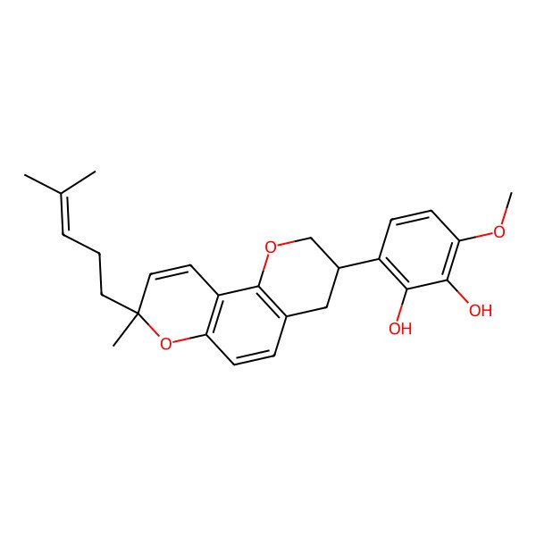 2D Structure of 3-methoxy-6-[(3S,8R)-8-methyl-8-(4-methylpent-3-enyl)-3,4-dihydro-2H-pyrano[2,3-f]chromen-3-yl]benzene-1,2-diol