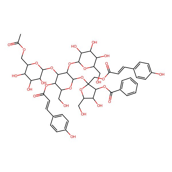 2D Structure of [(2S,3S,4R,5R)-2-[(2R,3R,4S,5R,6R)-4-[(2S,3R,4S,5S,6R)-6-(acetyloxymethyl)-3,4,5-trihydroxyoxan-2-yl]oxy-6-(hydroxymethyl)-5-[(E)-3-(4-hydroxyphenyl)prop-2-enoyl]oxy-3-[(2S,3R,4S,5S,6R)-3,4,5-trihydroxy-6-(hydroxymethyl)oxan-2-yl]oxyoxan-2-yl]oxy-4-hydroxy-5-(hydroxymethyl)-2-[[(E)-3-(4-hydroxyphenyl)prop-2-enoyl]oxymethyl]oxolan-3-yl] benzoate