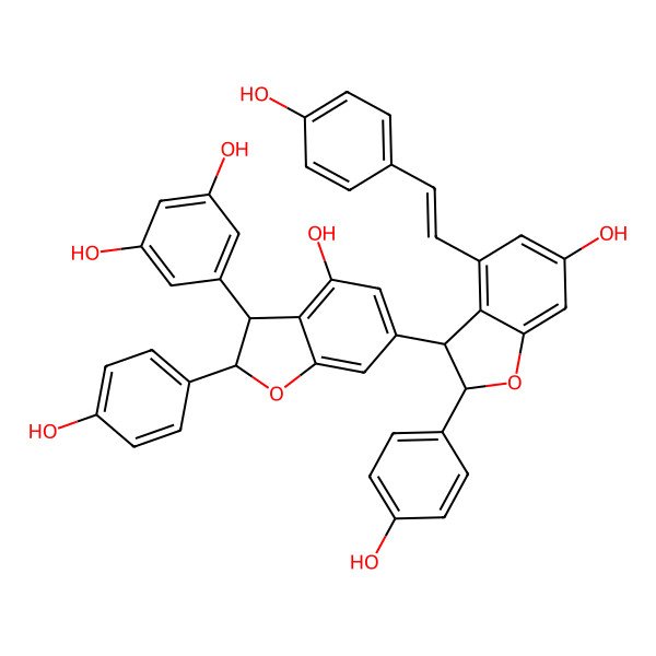 2D Structure of 5-[4-hydroxy-6-[(2S,3S)-6-hydroxy-2-(4-hydroxyphenyl)-4-[(E)-2-(4-hydroxyphenyl)ethenyl]-2,3-dihydro-1-benzofuran-3-yl]-2-(4-hydroxyphenyl)-2,3-dihydro-1-benzofuran-3-yl]benzene-1,3-diol