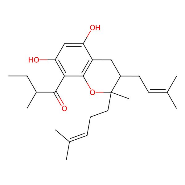 2D Structure of 1-[5,7-Dihydroxy-2-methyl-3-(3-methylbut-2-enyl)-2-(4-methylpent-3-enyl)-3,4-dihydrochromen-8-yl]-2-methylbutan-1-one