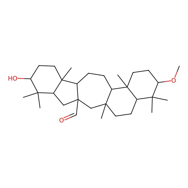 2D Structure of 7-Hydroxy-18-methoxy-1,6,6,10,15,19,19-heptamethylpentacyclo[12.8.0.03,11.05,10.015,20]docosane-3-carbaldehyde