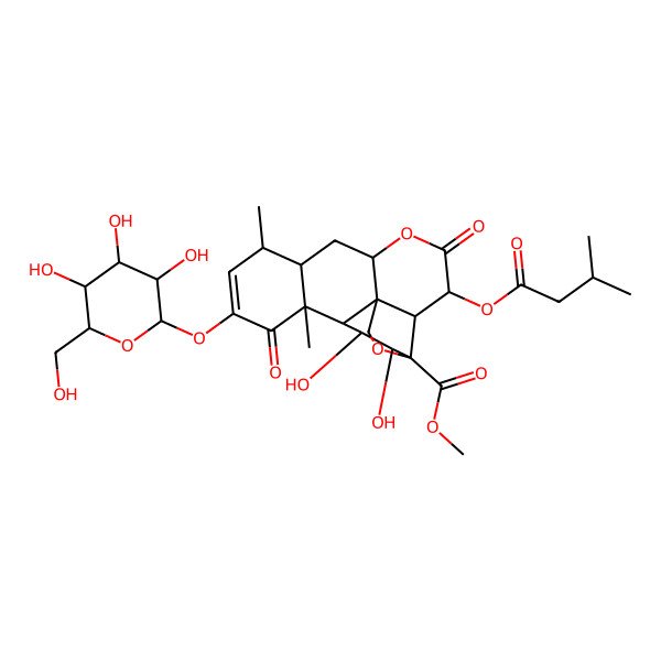 2D Structure of Methyl 15,16-dihydroxy-9,13-dimethyl-3-(3-methylbutanoyloxy)-4,12-dioxo-11-[3,4,5-trihydroxy-6-(hydroxymethyl)oxan-2-yl]oxy-5,18-dioxapentacyclo[12.5.0.01,6.02,17.08,13]nonadec-10-ene-17-carboxylate