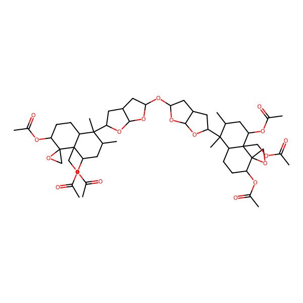 2D Structure of [(3S,4R,4aR,5S,7R,8S,8aR)-8-[(2S,3aS,5S,6aR)-5-[[(2R,3aS,5R,6aR)-2-[(1S,2R,4S,4aR,5R,6S,8aR)-4,6-diacetyloxy-4a-(acetyloxymethyl)-1,2-dimethylspiro[3,4,6,7,8,8a-hexahydro-2H-naphthalene-5,2'-oxirane]-1-yl]-2,3,3a,4,5,6a-hexahydrofuro[2,3-b]furan-5-yl]oxy]-2,3,3a,4,5,6a-hexahydrofuro[2,3-b]furan-2-yl]-3,5-diacetyloxy-7,8-dimethylspiro[2,3,5,6,7,8a-hexahydro-1H-naphthalene-4,2'-oxirane]-4a-yl]methyl acetate