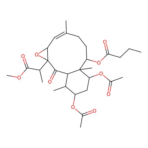 2D Structure of [(1R,3R,5S,6Z,10S,11R,12R,14S,15R)-12,14-diacetyloxy-3-[(2S)-1-methoxy-1-oxopropan-2-yl]-7,11,15-trimethyl-2-oxo-4-oxatricyclo[9.4.0.03,5]pentadec-6-en-10-yl] butanoate