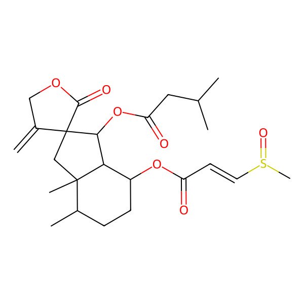 2D Structure of [3a,4-dimethyl-4'-methylidene-7-(3-methylsulfinylprop-2-enoyloxy)-2'-oxospiro[3,4,5,6,7,7a-hexahydro-1H-indene-2,3'-oxolane]-1-yl] 3-methylbutanoate