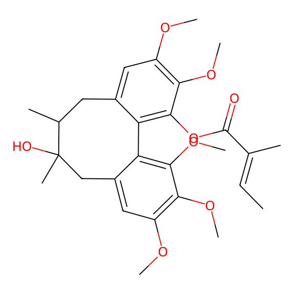 2D Structure of (10-Hydroxy-4,5,14,15,16-pentamethoxy-9,10-dimethyl-3-tricyclo[10.4.0.02,7]hexadeca-1(16),2,4,6,12,14-hexaenyl) 2-methylbut-2-enoate