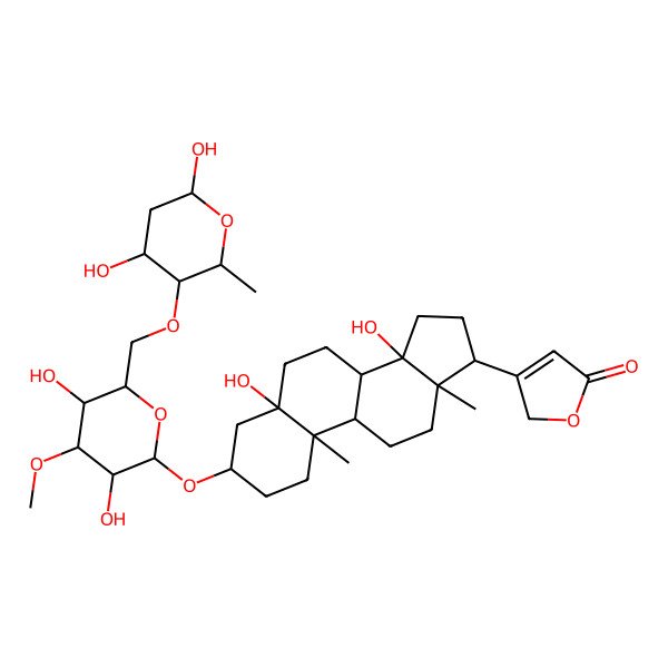 2D Structure of 3-[3-[6-[(4,6-dihydroxy-2-methyloxan-3-yl)oxymethyl]-3,5-dihydroxy-4-methoxyoxan-2-yl]oxy-5,14-dihydroxy-10,13-dimethyl-2,3,4,6,7,8,9,11,12,15,16,17-dodecahydro-1H-cyclopenta[a]phenanthren-17-yl]-2H-furan-5-one