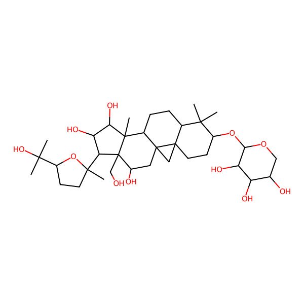 2D Structure of (2S,3R,4S,5R)-2-[[(1R,3R,6S,8R,11R,12S,13R,14R,15R,16R,17S)-13,14,17-trihydroxy-16-(hydroxymethyl)-15-[(2S,5R)-5-(2-hydroxypropan-2-yl)-2-methyloxolan-2-yl]-7,7,12-trimethyl-6-pentacyclo[9.7.0.01,3.03,8.012,16]octadecanyl]oxy]oxane-3,4,5-triol