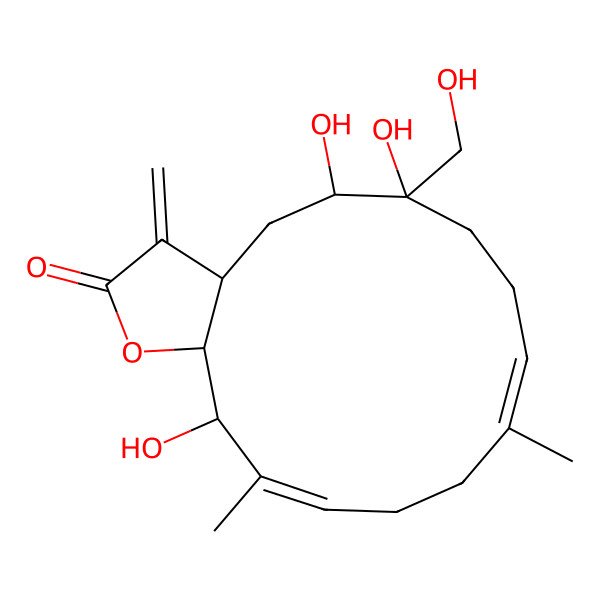 2D Structure of (3aR,5S,6S,9Z,13E,15R,15aR)-5,6,15-trihydroxy-6-(hydroxymethyl)-10,14-dimethyl-3-methylidene-4,5,7,8,11,12,15,15a-octahydro-3aH-cyclotetradeca[b]furan-2-one