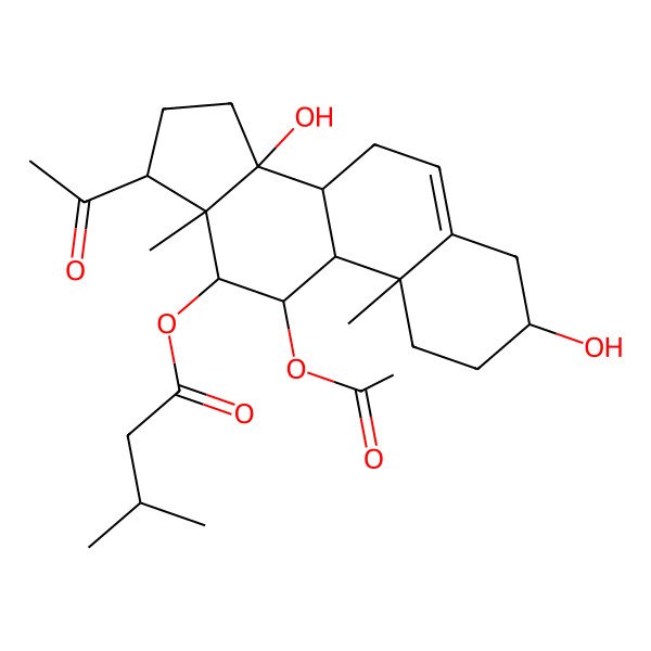 2D Structure of (17-Acetyl-11-acetyloxy-3,14-dihydroxy-10,13-dimethyl-1,2,3,4,7,8,9,11,12,15,16,17-dodecahydrocyclopenta[a]phenanthren-12-yl) 3-methylbutanoate