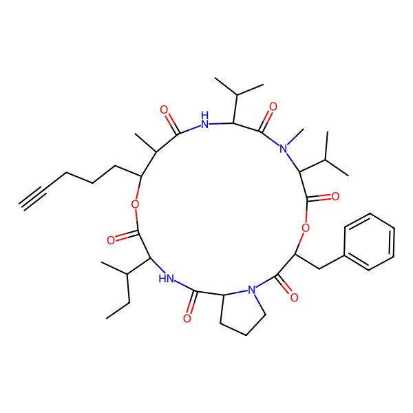 2D Structure of (3R,6R,9S,12S,13R,16S,19S)-3-benzyl-16-[(2S)-butan-2-yl]-7,12-dimethyl-13-pent-4-ynyl-6,9-di(propan-2-yl)-4,14-dioxa-1,7,10,17-tetrazabicyclo[17.3.0]docosane-2,5,8,11,15,18-hexone