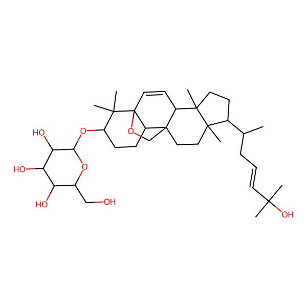2D Structure of (2R,3S,4R,5R,6R)-2-(hydroxymethyl)-6-[[(1S,4S,5S,8R,9R,12S,13S,16S)-8-[(E,2R)-6-hydroxy-6-methylhept-4-en-2-yl]-5,9,17,17-tetramethyl-18-oxapentacyclo[10.5.2.01,13.04,12.05,9]nonadec-2-en-16-yl]oxy]oxane-3,4,5-triol