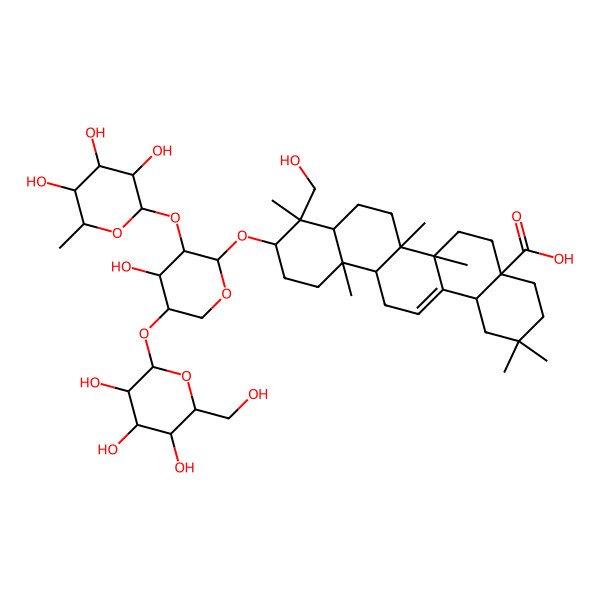 2D Structure of (4aS,6aR,6aS,6bR,8aR,9R,10S,12aR,14bR)-9-(hydroxymethyl)-10-[(2S,3R,4S,5S)-4-hydroxy-5-[(2S,3R,4S,5S,6R)-3,4,5-trihydroxy-6-(hydroxymethyl)oxan-2-yl]oxy-3-[(2S,3R,4R,5R,6S)-3,4,5-trihydroxy-6-methyloxan-2-yl]oxyoxan-2-yl]oxy-2,2,6a,6b,9,12a-hexamethyl-1,3,4,5,6,6a,7,8,8a,10,11,12,13,14b-tetradecahydropicene-4a-carboxylic acid