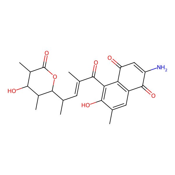 2D Structure of 2-amino-6-hydroxy-5-[(E,4R)-4-[(2S,3R,4R,5S)-4-hydroxy-3,5-dimethyl-6-oxooxan-2-yl]-2-methylpent-2-enoyl]-7-methylnaphthalene-1,4-dione