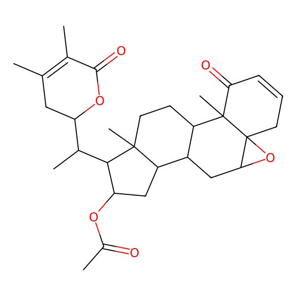 2D Structure of [(1S,2R,7S,9R,11S,12S,14R,15R,16S)-15-[(1S)-1-[(2R)-4,5-dimethyl-6-oxo-2,3-dihydropyran-2-yl]ethyl]-2,16-dimethyl-3-oxo-8-oxapentacyclo[9.7.0.02,7.07,9.012,16]octadec-4-en-14-yl] acetate