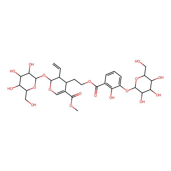 2D Structure of methyl 3-ethenyl-4-[2-[2-hydroxy-3-[3,4,5-trihydroxy-6-(hydroxymethyl)oxan-2-yl]oxybenzoyl]oxyethyl]-2-[3,4,5-trihydroxy-6-(hydroxymethyl)oxan-2-yl]oxy-3,4-dihydro-2H-pyran-5-carboxylate