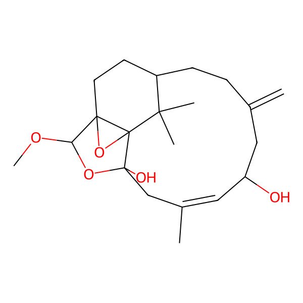 2D Structure of (1R,2S,4S,6E,8R,13S,15S)-2-methoxy-6,14,14-trimethyl-10-methylidene-3,16-dioxatetracyclo[11.3.2.01,15.04,15]octadec-6-ene-4,8-diol