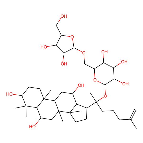 2D Structure of (2R,3S,4S,5R,6S)-2-[[(2R,3R,4R,5S)-3,4-dihydroxy-5-(hydroxymethyl)oxolan-2-yl]oxymethyl]-6-[(2R)-6-methyl-2-[(3S,5R,6S,8R,9R,10R,12R,13R,14R,17S)-3,6,12-trihydroxy-4,4,8,10,14-pentamethyl-2,3,5,6,7,9,11,12,13,15,16,17-dodecahydro-1H-cyclopenta[a]phenanthren-17-yl]hept-6-en-2-yl]oxyoxane-3,4,5-triol