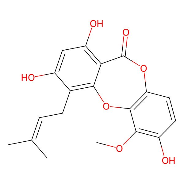2D Structure of 2,7,9-Trihydroxy-1-methoxy-10-(3-methylbut-2-enyl)benzo[b][1,4]benzodioxepin-6-one