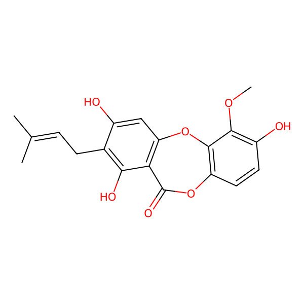 2D Structure of 2,7,9-Trihydroxy-1-methoxy-8-(3-methylbut-2-enyl)benzo[b][1,4]benzodioxepin-6-one