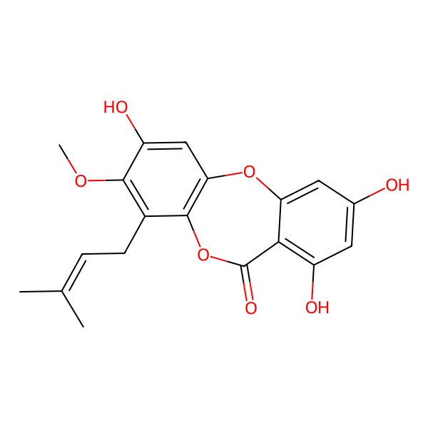 2D Structure of 2,7,9-Trihydroxy-3-methoxy-4-(3-methylbut-2-enyl)benzo[b][1,4]benzodioxepin-6-one