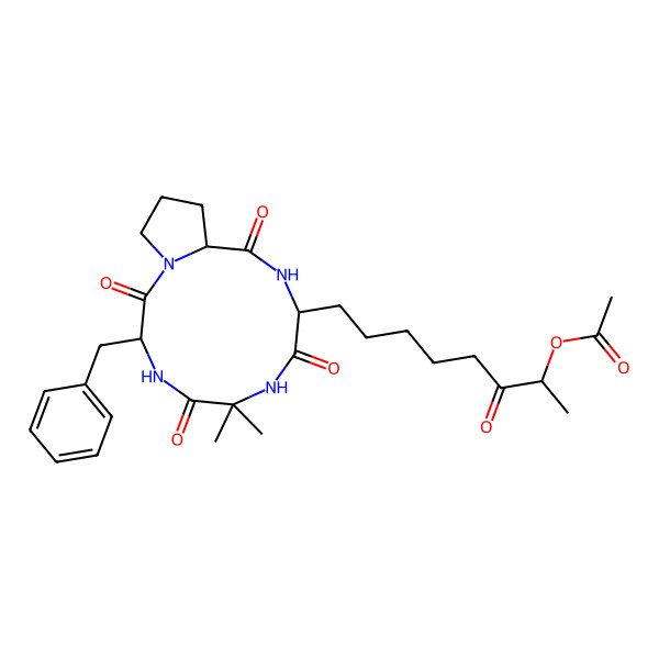 2D Structure of (-)-(R)-8-(3S,9S,14aR)-9-benzyl-6,6-dimethyl-1,4,7,10-tetraoxotetradecahydropyrrolo[1,2-a][1,4,7,10]tetraazacyclododecin-3-yl-3-oxooctan-2-yl acetate