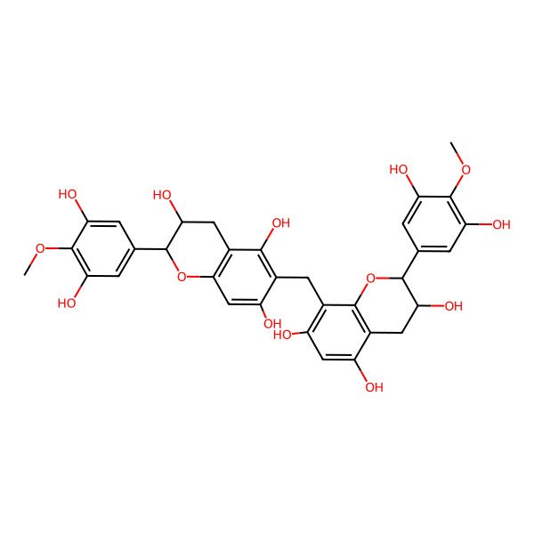 2D Structure of 2-(3,5-dihydroxy-4-methoxyphenyl)-8-[[2-(3,5-dihydroxy-4-methoxyphenyl)-3,5,7-trihydroxy-3,4-dihydro-2H-chromen-6-yl]methyl]-3,4-dihydro-2H-chromene-3,5,7-triol